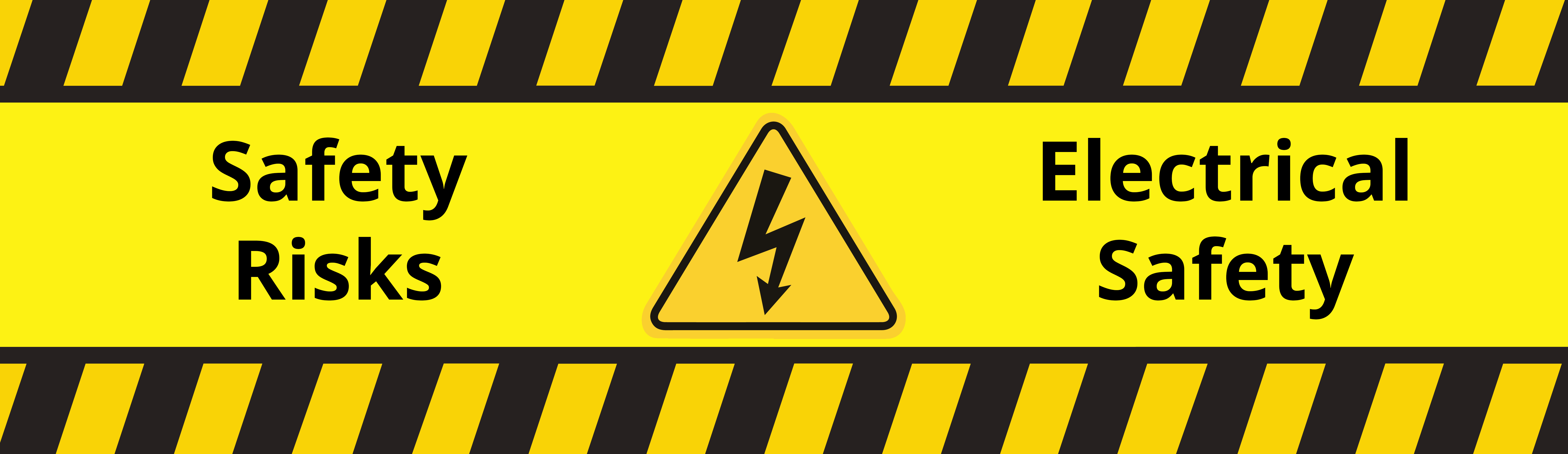 A banner image with the electrical safety warning sign on a hazard-striped background.