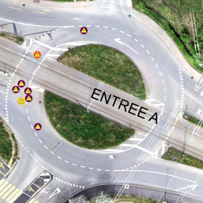 A map of hotspots at gate A, almost all occur where the roundabout intersects with Rte. de Geneve in the direction of gate A.