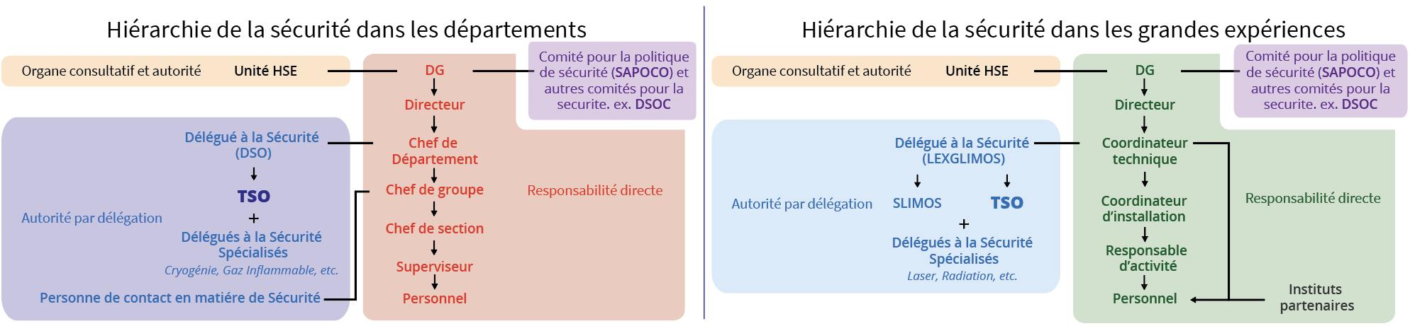 La hiérarchie de la sécurité au CERN. Le Directeur général, les directeurs et les chefs de département ont une responsabilité directe en matière de sécurité. Les chefs de département délèguent cette autorité à un DSO ou à un LEXGLIMOS, qui à leur tour nomment les TSO (Techniciens Supérieurs de la Sûreté) et les agents spécialisés.